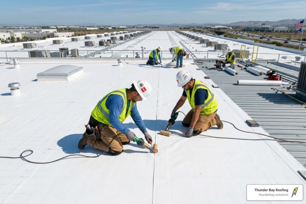 TPO single ply roofing membrane installation on commercial building - tpo single ply roofing membrane