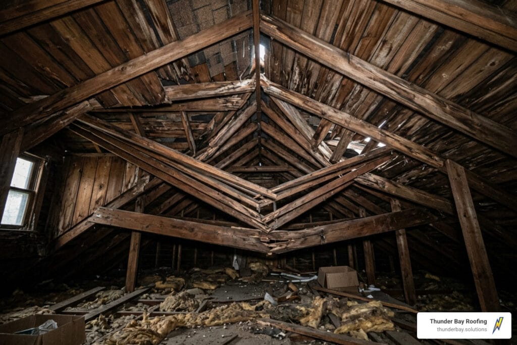 structural roof sagging from interior attic view - emergency roof repair