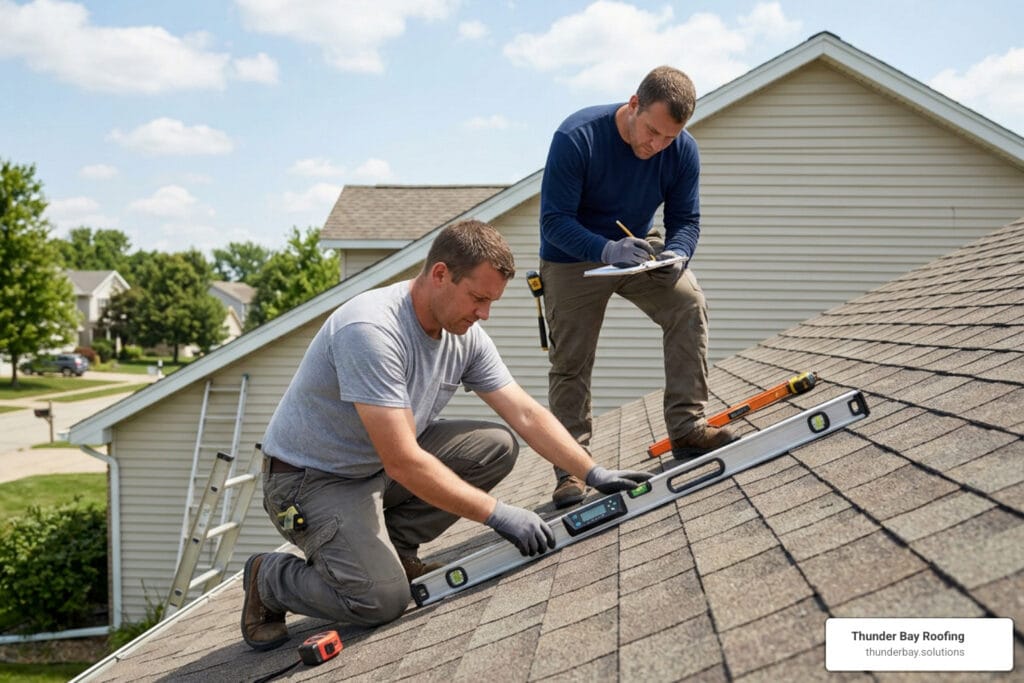 Roofers measuring roof slope and pitch