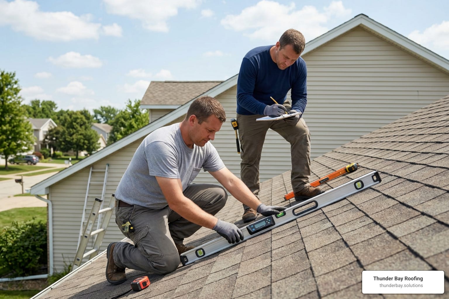 Roofers measuring roof slope and pitch