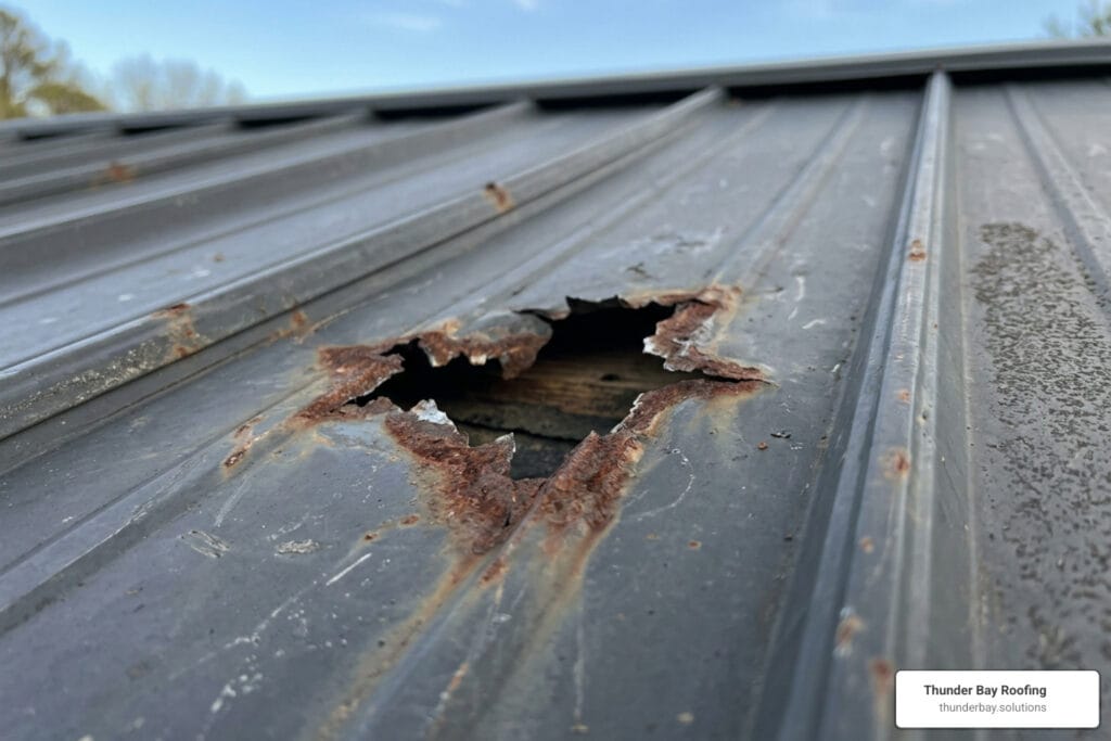 punctured metal roof panel