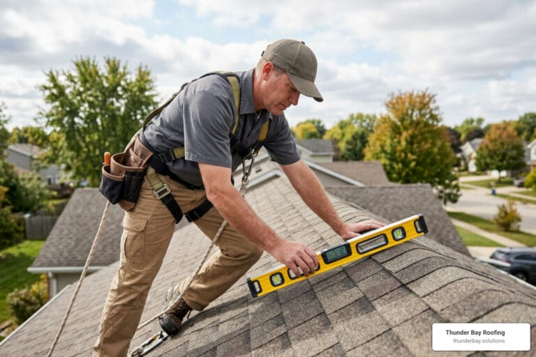 contractor measuring roof pitch with digital level